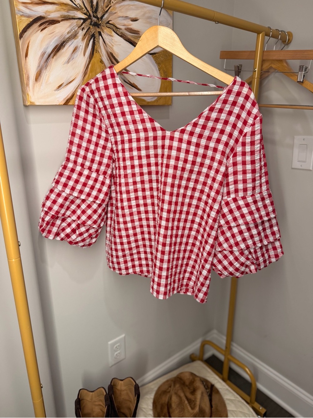 Red Gingham Puff-Sleeve Women's Top